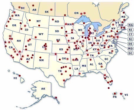Red dots show some of the locations TLG rotors are flying.  This map was last updated October 2004...